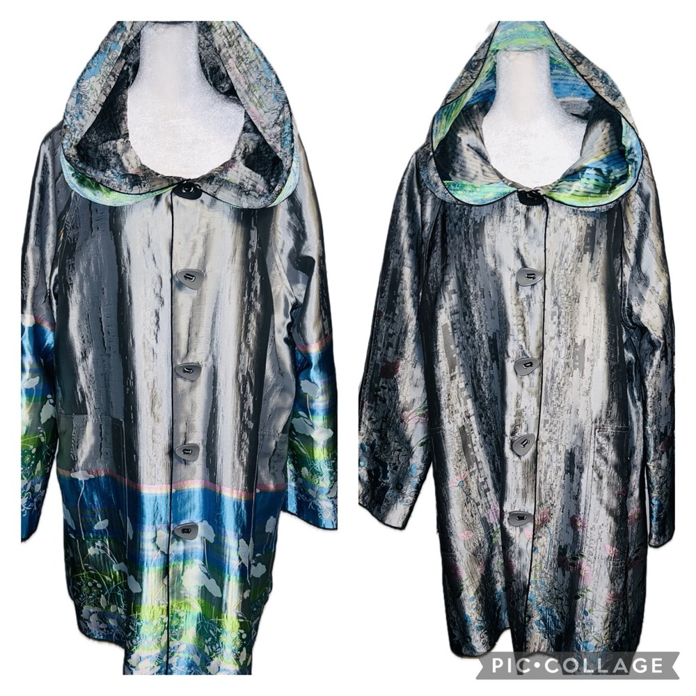 EUC UBU SZ L grey, green, blue & pink hooded reversible coat/bust 48”-PTP 24”